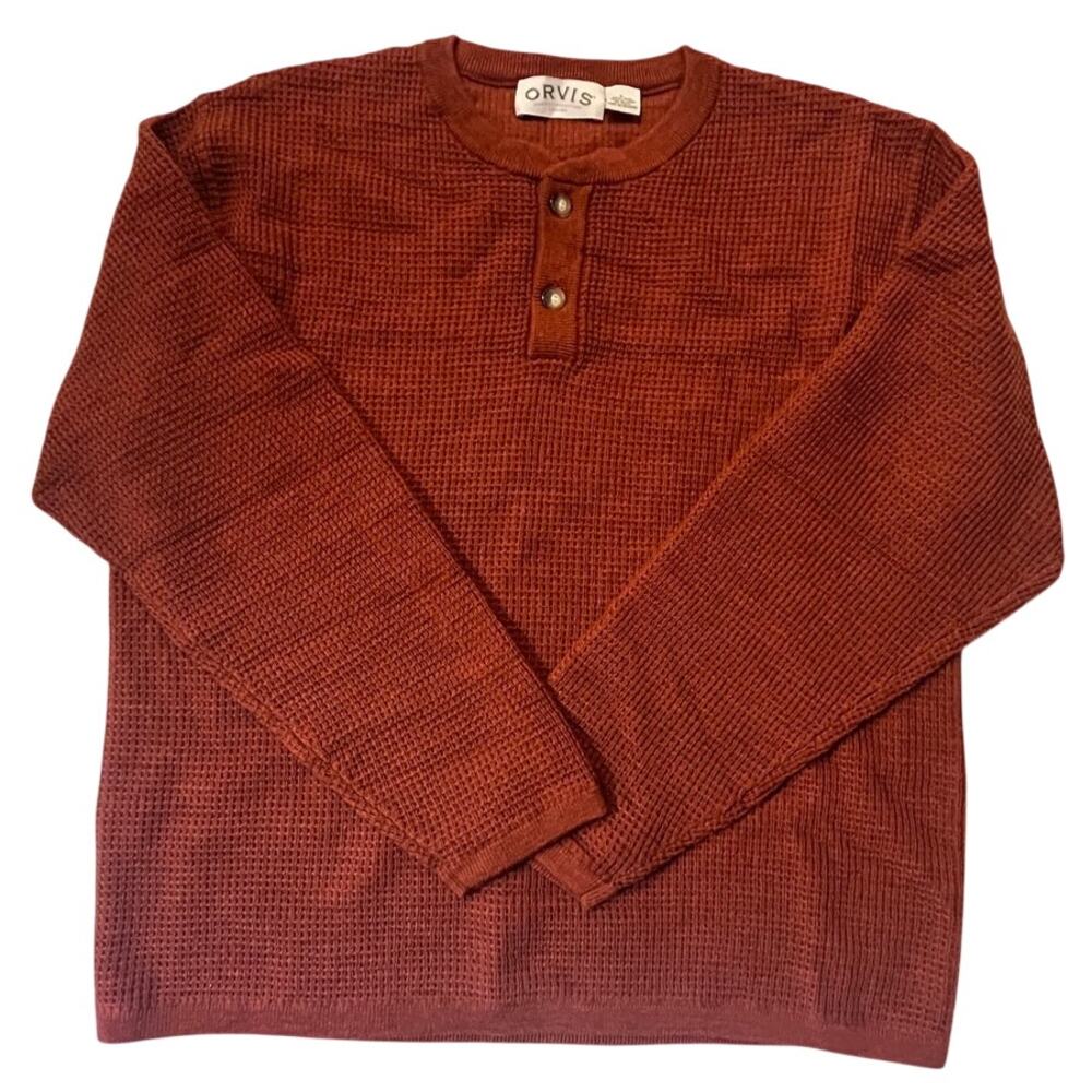 ORVIS Men's Waffle-Knit Henley 100% Wool Sweater - Rust - Size: L - Excellent